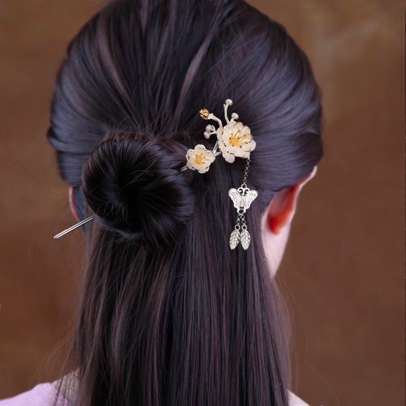 2 Wintersweet Flower 4 Pearl Butterfly Tassel Hairpin - Sterling Silver