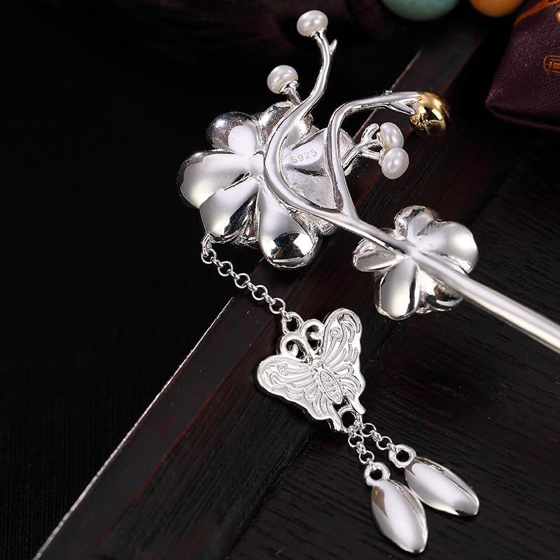 2 Wintersweet Flower 4 Pearl Butterfly Tassel Hairpin - Sterling Silver