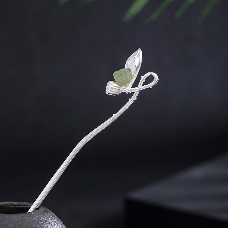 Hetian 2 lotus seedpod Hairpin- Sterling Silver