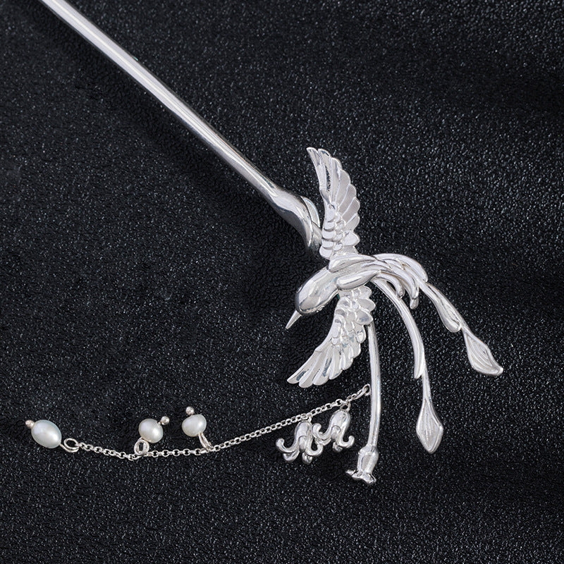 Flying Bird Flower Bead Hairpin- Sterling Silver