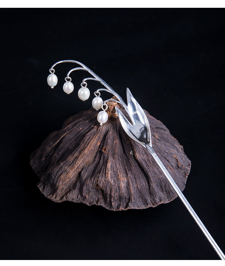 Bell Orchid and 5 Pearl Hairpin - Sterling Silver