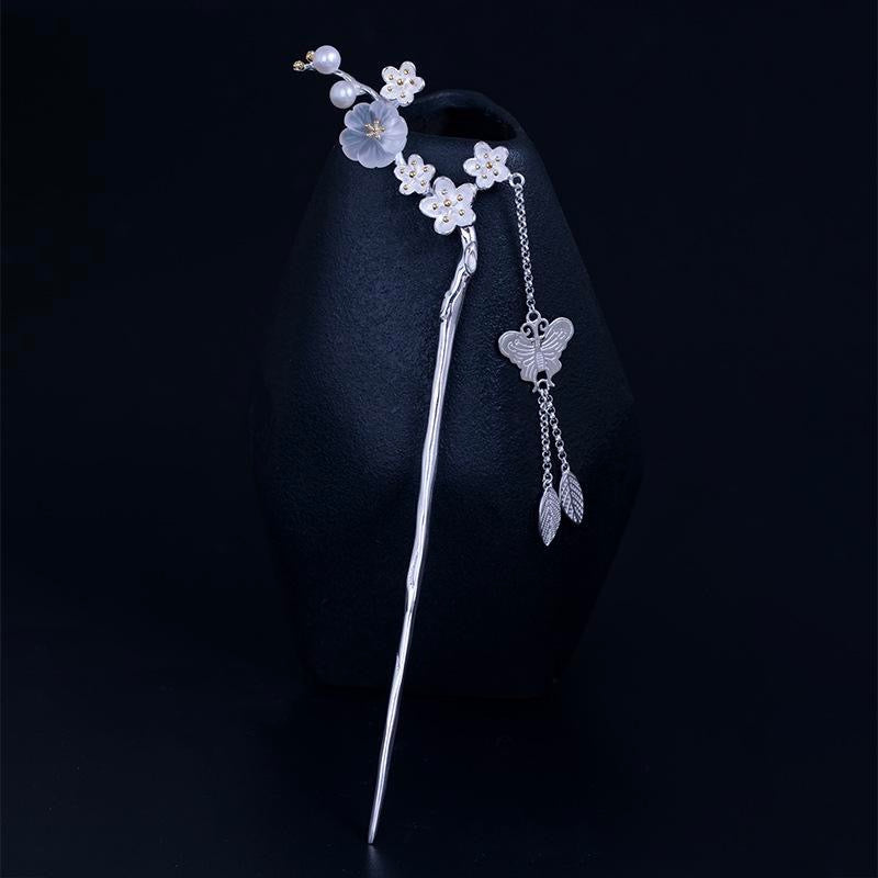 5 plum flowers 2 pearl butterfly tassel crystal hairpin - sterling silver