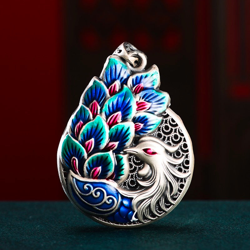 Blue Peacock Droplet Hollow Enamel Pendant - Sterling Silver