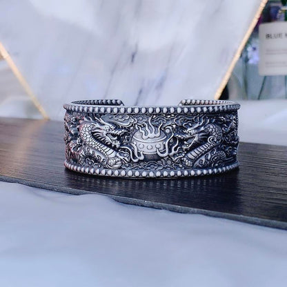 Doppelte Drachen, die mit Perlen spielen, durchbrochenes Armband - Sterlingsilber