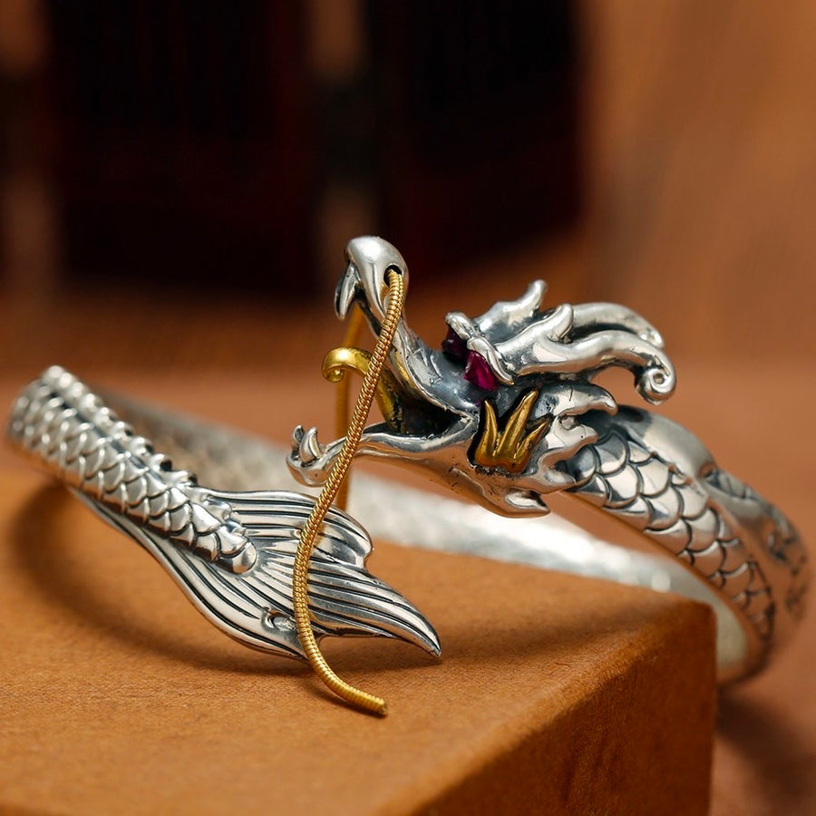 Dragon and phoenix ruby eye open bracelet in sterling silver