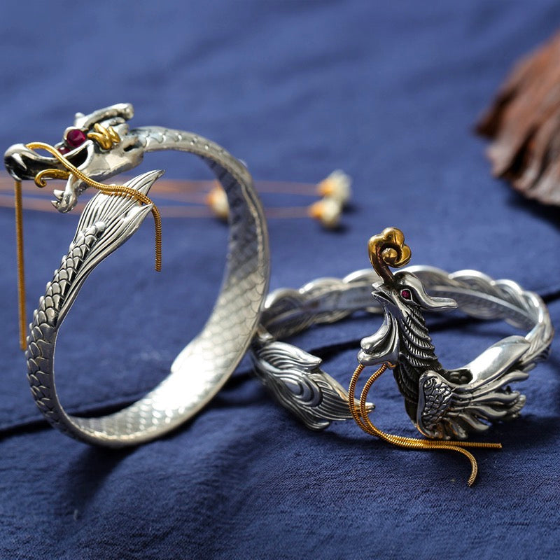 Dragon and Phoenix Auspicious Ruby Eye Open Bracelet - Sterling Silver