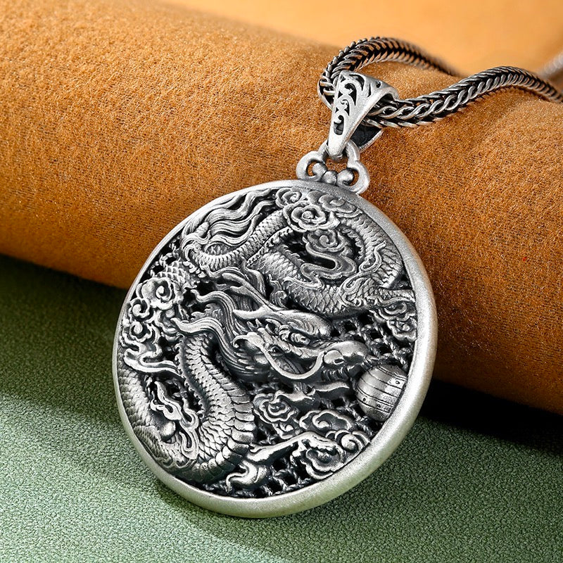 Dragons Playing with Beads Wire Inlay Round Pendant - Sterling Silver