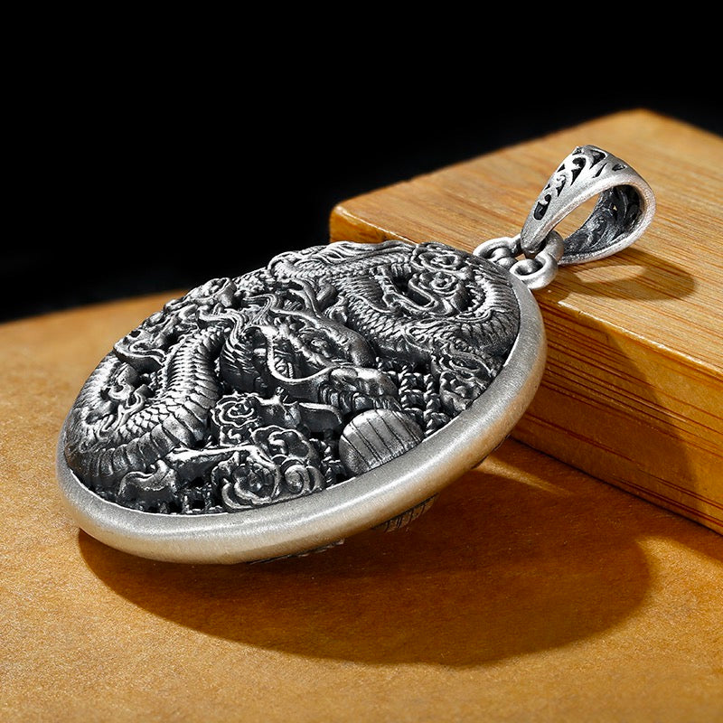 Dragons Playing with Beads Wire Inlay Round Pendant - Sterling Silver