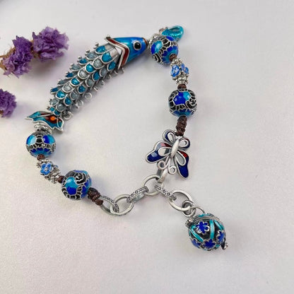 Armband Schmetterling und Fisch, 5 Perlen, Emaille, Sterlingsilber