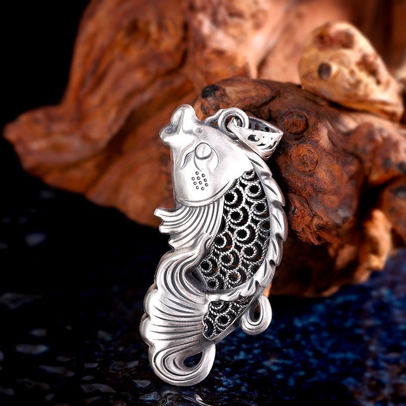 Fishbone Hollo Fish Jump Hollow Pendant - Sterling Silver|Lucky necklace – Chinese ...
