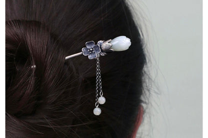 Haarnadel mit Quaste aus Hotan-Magnolien-Jade – Sterlingsilber