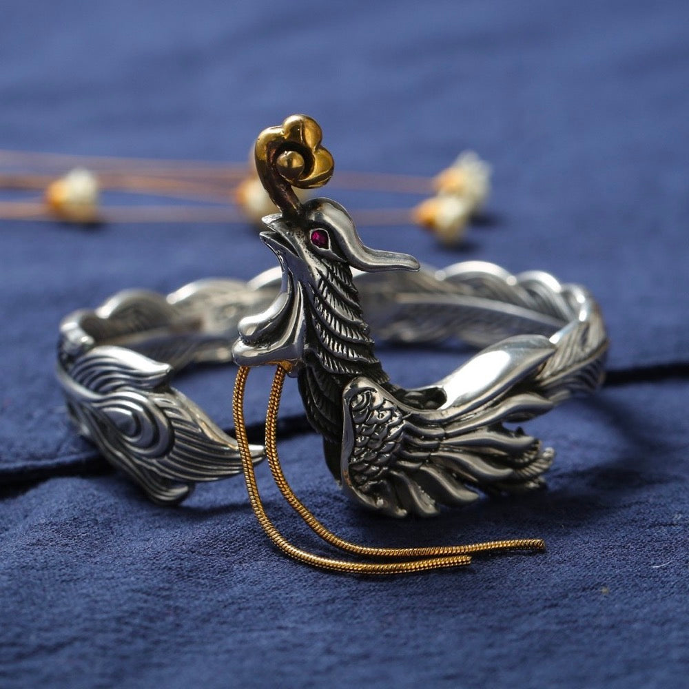 Dragon and Phoenix Auspicious Ruby Eye Open Bracelet Sterling Silver