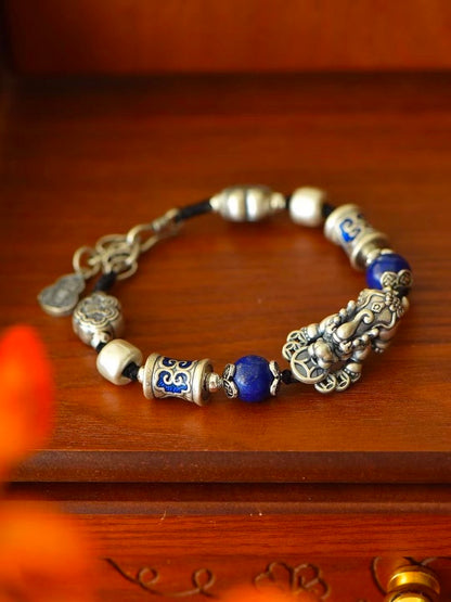 Pixiu Tongzhu und Charakter Fú Emaille-Armband – Sterlingsilber