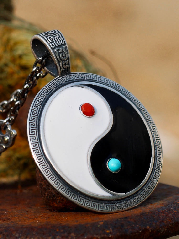 Red Agate and Turquoise Tai Chi Pendant - Sterling Silver