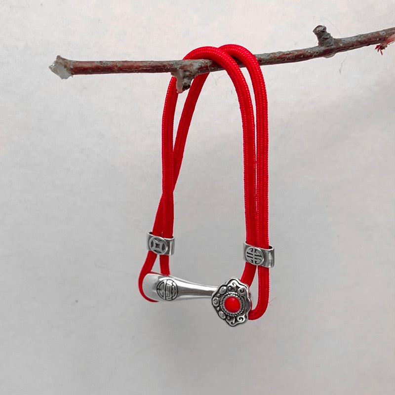 Red Rope Ruyi Bracelet - Sterling Silver