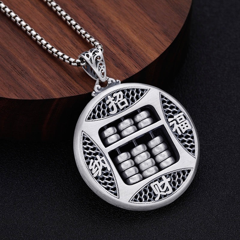 Circular sterling silver abacus and Chinese character pendant