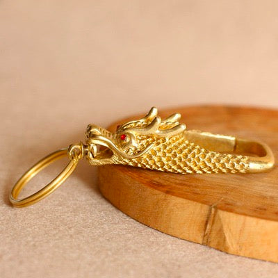Golden Dragon And Red Eye Keychain - Brass