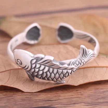Lotus-Samenschote Fisch Offener Armreif – Sterling-Silber